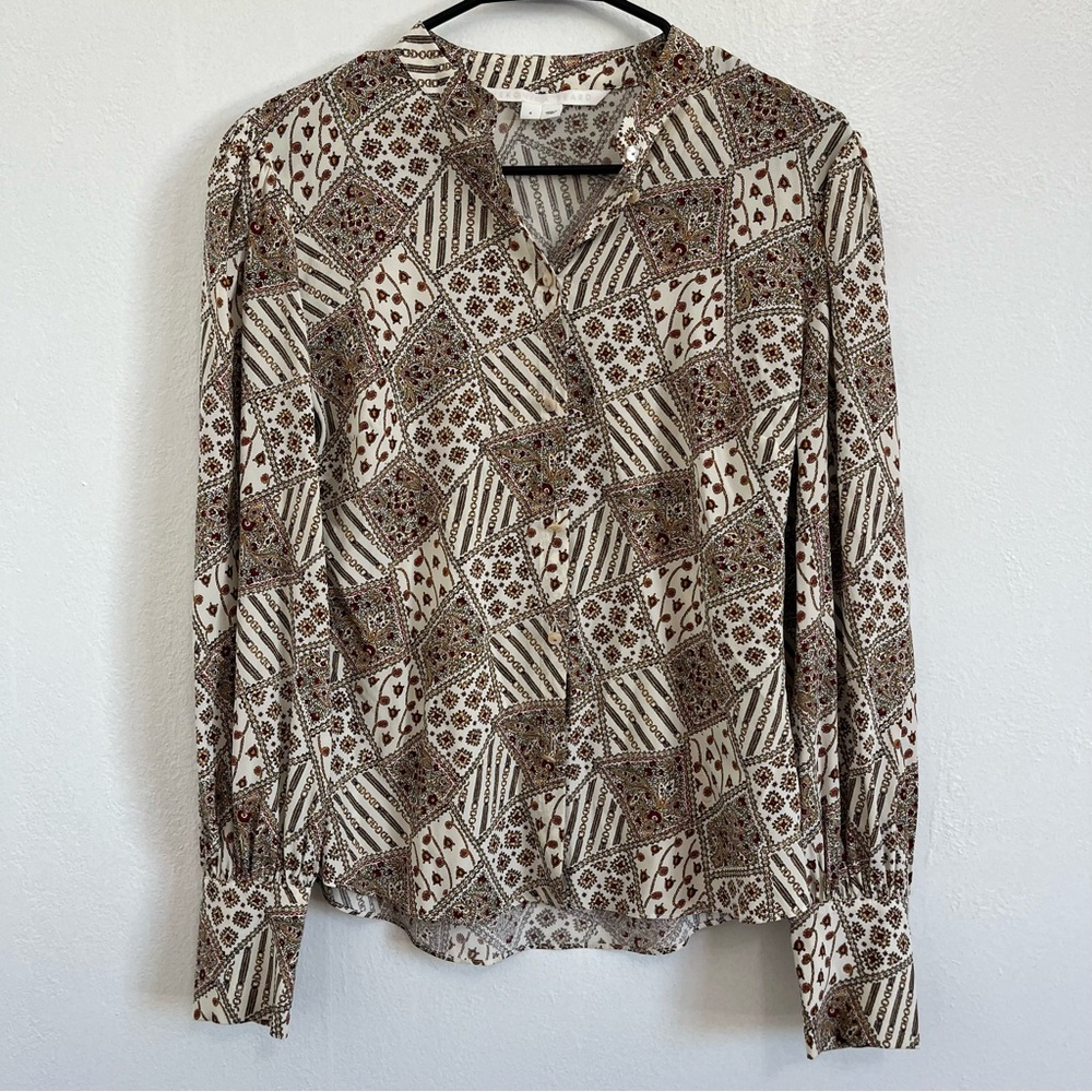Veronica Beard Geometric Long Sleeve Silk Print Blouse - Cream and Brown Size 4